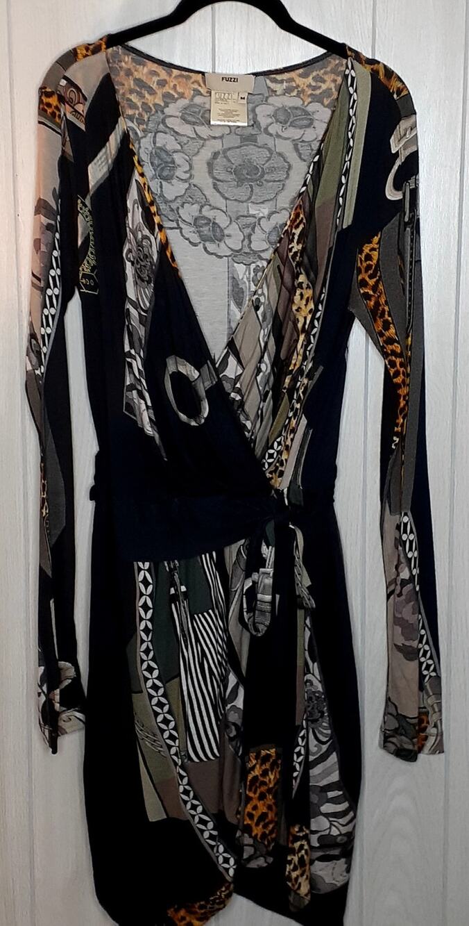 Fuzzi Long Sleeve Wrap Dress Size Medium Gray Black Animal Print Cashmere Blend